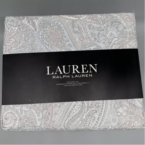 4pc Ralph Lauren Paisley KING Sheet Set Taupe Gray Light Blue XDeep Mattress NEW - Picture 1 of 8